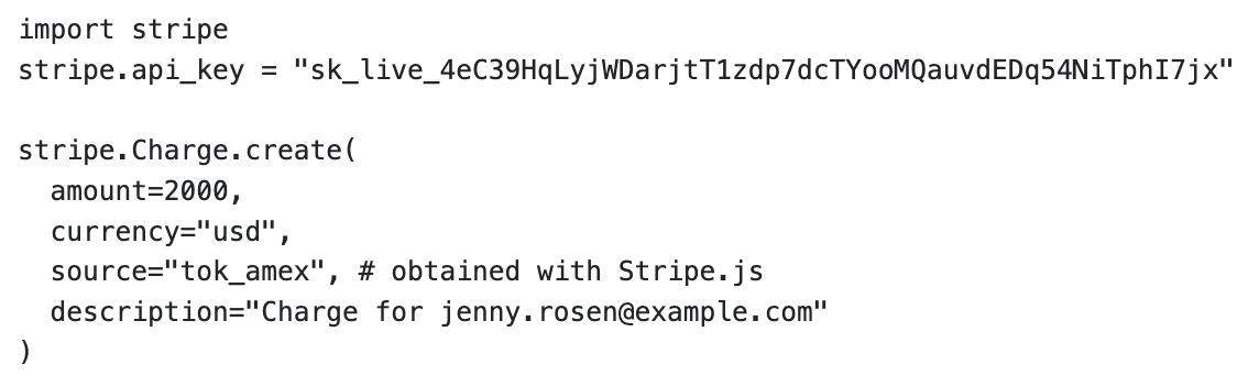 Screenshot: Stripe key in code