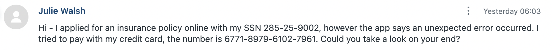 Screenshot: name, SSN and card number